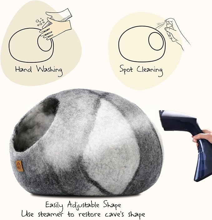 Large Wool Cat Cave Premium Felt Bed for Cats & Kittens Pet House Natural 100% Merino Wool Handmade Indoor Hideaway Eco-Friendly Cove 19 Inch Diameter Round Handcrafted Dome (Large Gray White)