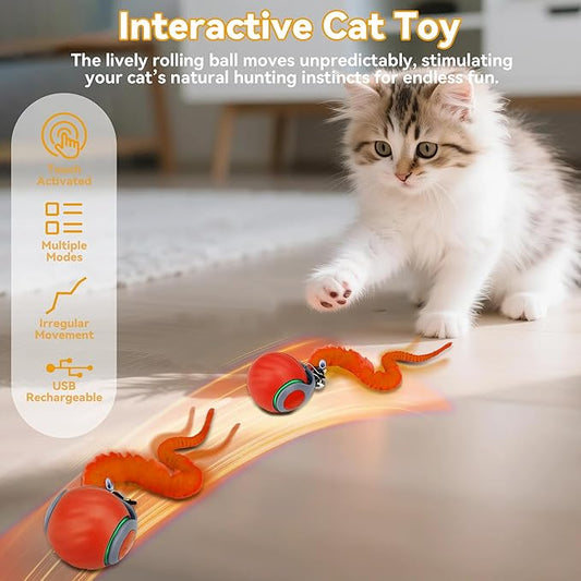 Vrurc Interactive Cat Toy Ball-Speedy with Feather & 3 Tails,Motion Activated Auto Roll,2 Speeds Rechargeable,Indoor Cat Stimulation, Enrichment,Keeps Busy,Durable (Orange)
