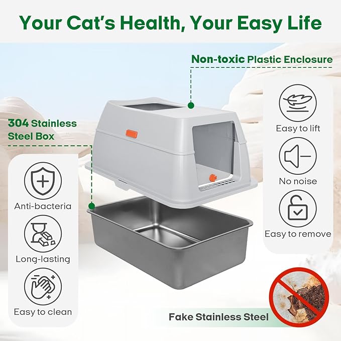 Stainless Steel Cat Litter Box, 4-in-1 Cat Metal Litter Box Set, Extra Large Top Entry Litter Box Enclosed, with Litter Mat, Litter Scoop, Light Grey