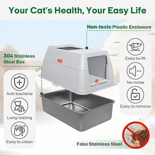 Stainless Steel Cat Litter Box, 4-in-1 Cat Metal Litter Box Set, Extra Large Top Entry Litter Box Enclosed, with Litter Mat, Litter Scoop, Light Grey