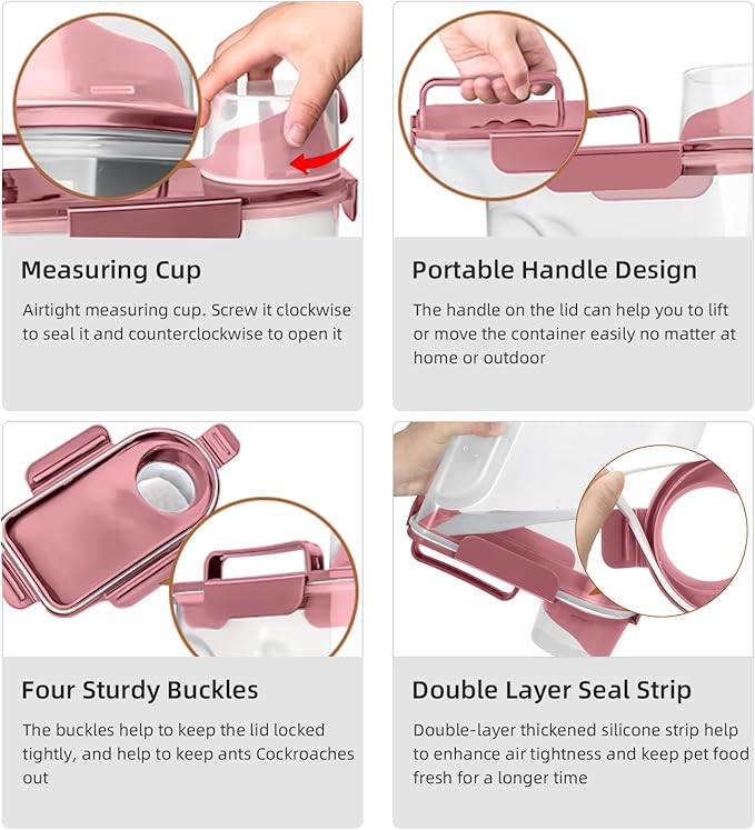 Dog Food Storage Container, Upgraded Large Nozzle BPA-free, 8-12 LBS Plastic Pet Food Storage Containers, With 4 Sealed Clasps, 1 Measuring Cup and Handle (1, Rose Pink, 5L)