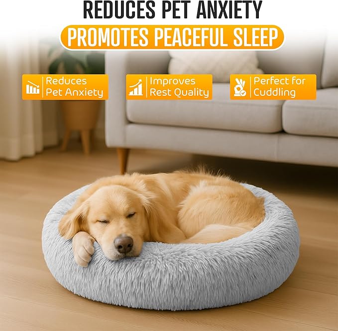 Anti-Anxiety Donut Pet Bed, Round Plush Faux Fur, Washable, Small to Medium Dogs and Cats (Grey, Large)