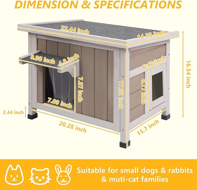 22.44" L Cat House,Feral Cat Shelter for Summer Cats,Outdoor Weatherproof Cat Enclosure with Openable Asphalt Roof & 2 Escape Doors for Small Cats,Suit for 1-2 Cat,Grey
