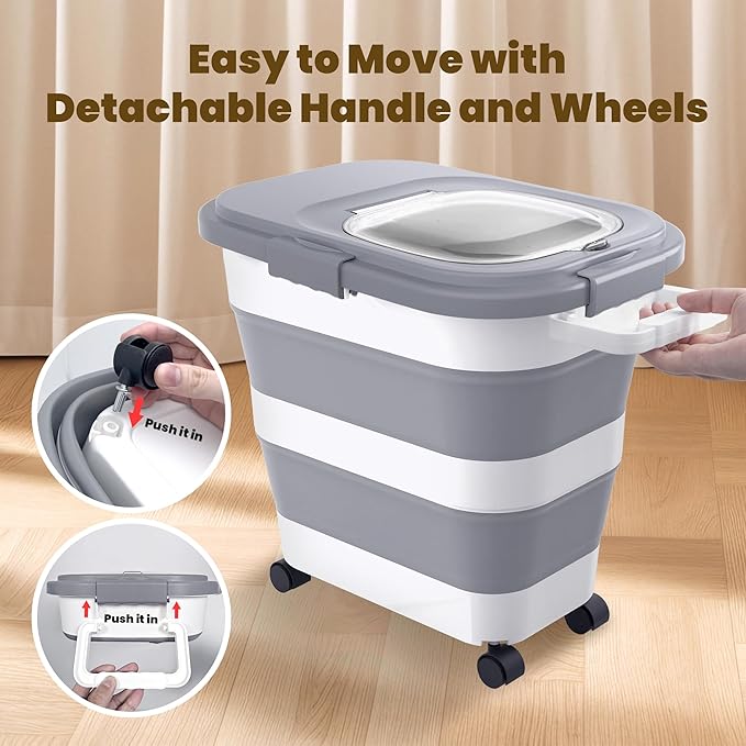 HOYTAMDA 30-40Lbs Rice Container,Collapsible Airtight Food Storage Containers with Wheels,Handle,Rice Storage Container with Small Bin and Scoop,Rice Dispenser for Flour Sugar Cereal Grain Dog Cat