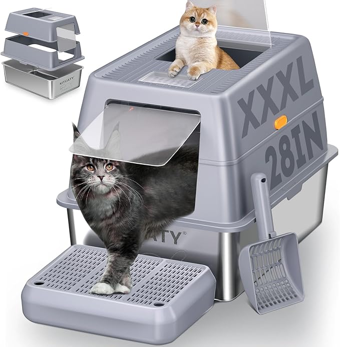 XXXL Stainless Steel Litter Box with Lid,Extra Large 28"L*20"W*18.1"H Metal Cat Litter Boxs,Jumbo Enclosed Removable Litter Box High Sides For Big Cats,with Cat Litter Scoop, Leak-Proof, Easy to Clean