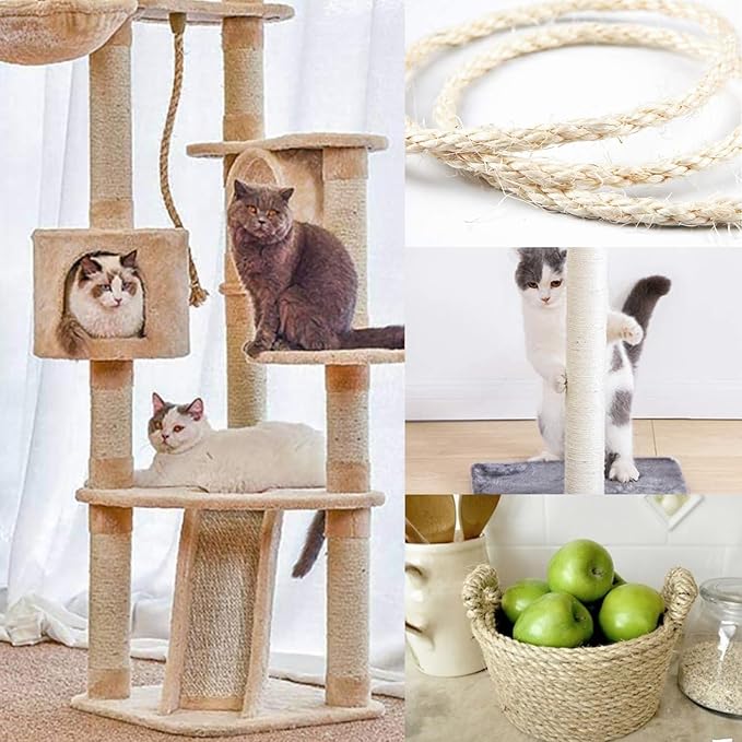 White and Green Sisal Rope 20M 6mm, Natural Premium Durable Unoiled Cat Sisal Rope for Repairing, Recovering or DIY Scratcher, Twisted Thicker Fiber Hemp Rope for Cat Tree and Tower