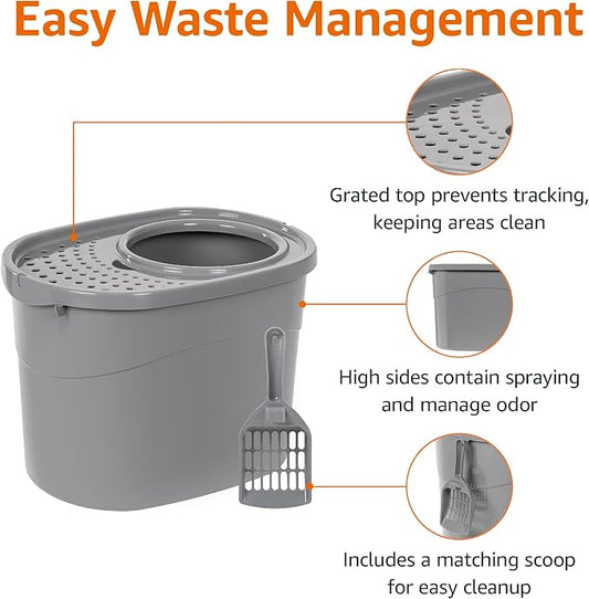 Amazon Basics Large Cat Litter Box with High Sides, Top Entry, Includes Scoop, 20.5 x 14.75 x 14.38 inches, Grey
