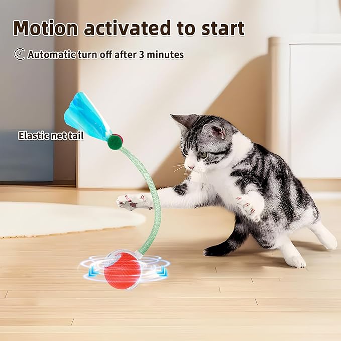 Interactive Cat Toy Ball for Indoor Cats, 2025 New Fast Self Rolling Ball Cat Toy on Carpet, Smart Interactive Automatic Cat Toy Ball for Gifts, Moving Cat Toy with Elastic Mesh Tail(Red)