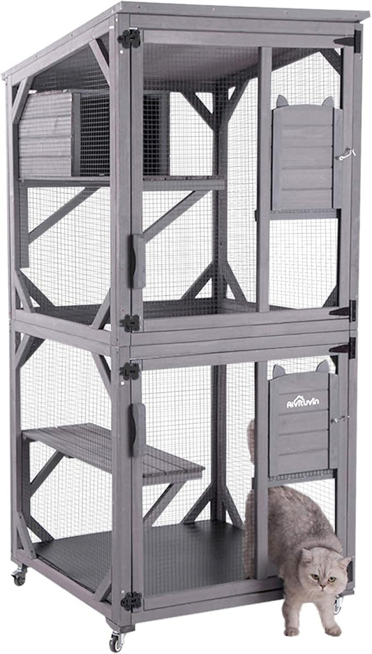 Aivituvin Cat House Outdoor Catio Cat Enclosures on Wheels 70.9" Kitty House with Upgraded Resting Box,Waterproof Roof