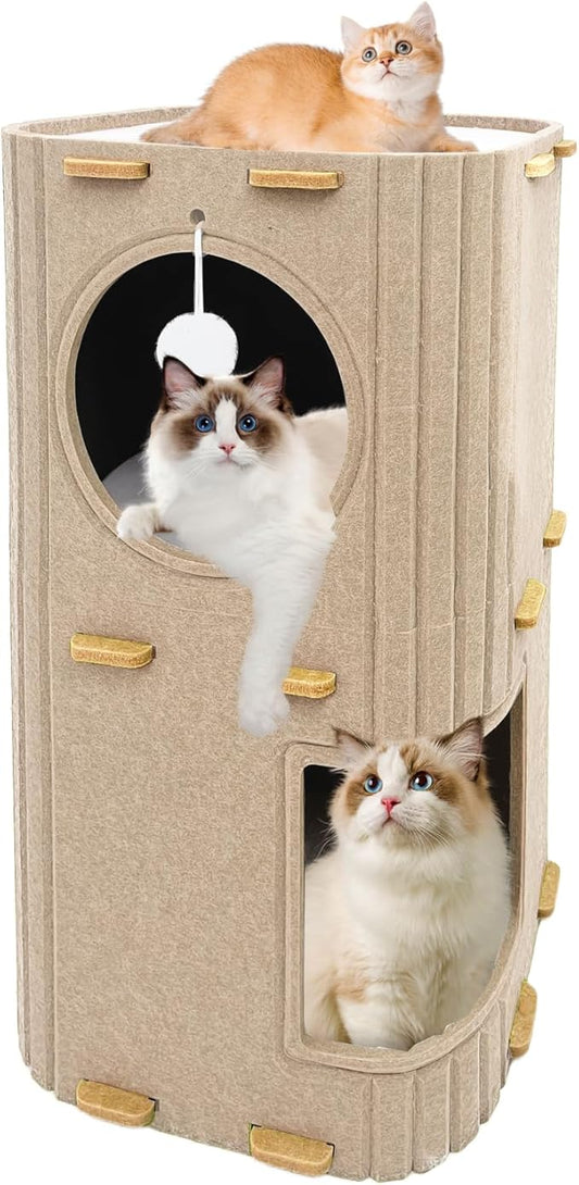 Homegroove Cat House for Indoor Cats, 2-Storey Cozy Felt Cat Bed Cave with Tunnel Hideaway, Large Multi-Cat Condo for Rest & Play (Camel, Large)