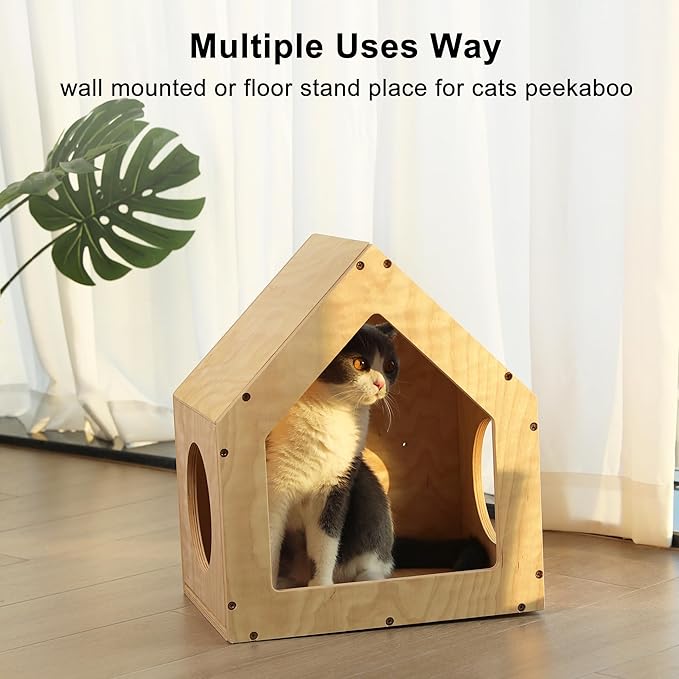 FUKUMARU Cat House Wall Mounted, 15.5x11.8x18 Inches Birch Plywood Condo, Multi-Use Kitten Furniture, Stylish Design, DIY Cats Wall Jungle