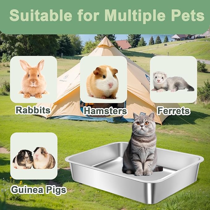 Stainless Steel Cat Litter Box for Kitten, Metal Litter Pan Tray for Rabbits Hamsters, Easy to Clean Pet Bathroom Accessories-15.75''Lx 11.81'' W x4'' H