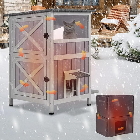 Outdoor Cat House Weatherproof, Heated Feral Cat House with Insulated Liner, 2-Storys Wooden Stray Cat Shelter for Winter
