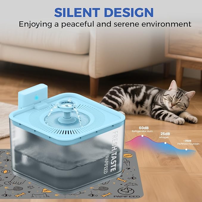 PAPIFEED Wireless Cat Water Fountain, 106oz/3L Battery Operated Pet Water Fountain Cordless for Cats Indoor, Automatic Cat Drinking Dispenser with Motion Sensor, Leak-Proof Silicone Pad Included Cyan