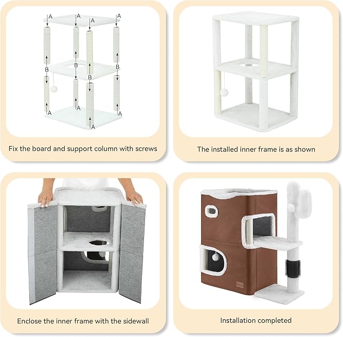 YITAHOME 2-Tier Cat House, Cat Beds for Indoor Cats, Small Cat Condo with Highway Cave, Scratch & Itching Post, Clmibing Stand, Modern Cat Cube Playhouse for Multi Kittens, Brown