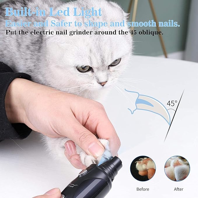 Pet Nail Grinder with LED Light & 2 Grinding Heads, 2-Speed Low Noise & More Powerful Dog Nail Grinder, Pet Nail Trimmer File, Painless Paw Claw Care, Quiet Toenail Grooming Tool for L/M/S Dogs/Cats