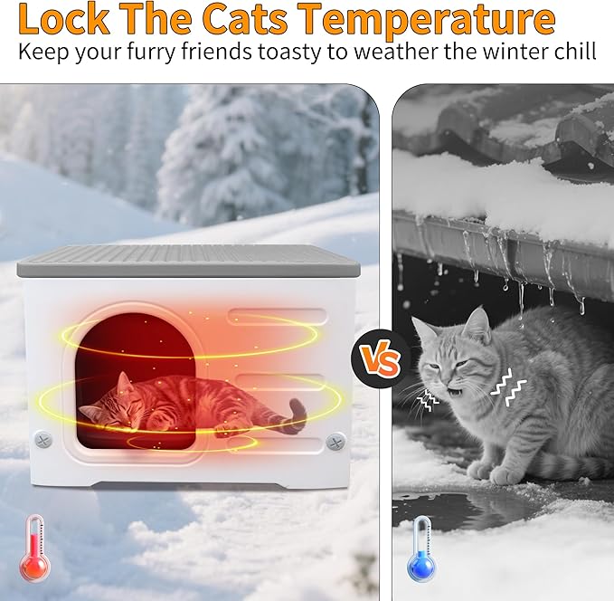 Plastic 100% Insulated Outdoor Cat House with Insulated Liner, Outdoor Cat Houses for Winter, Waterproof Outside Cat Shelter, Clean and Assemble Easily-Grey