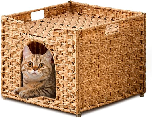 Cat Houses for Indoor Cats, Handwoven Rattan Cat Cave Pet Cube,Foldable Pet Cat House, Cat Beds with Double-Sided Mat, Hideaway, in Living Room Bedroom