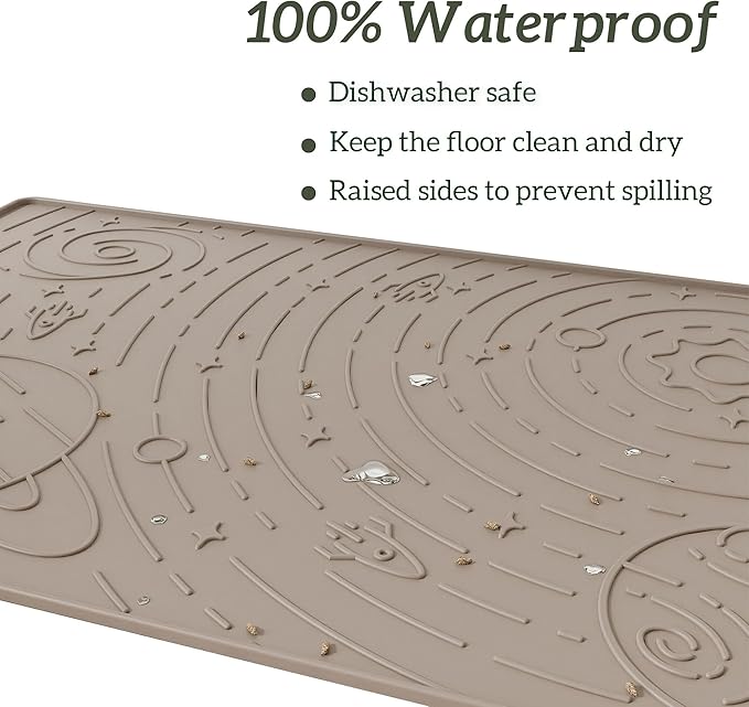 OHMO Dog Food Mat, Silicone Waterproof Cat Food Mat, Non-Skid Spill Proof Pet Feeding Mat for Food and Water, Easy to Clean Dog Placemat(Beige, 18.9" x 11.8")