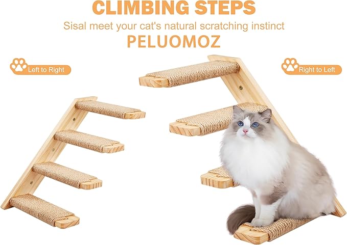 Cat Climbing Shelves Wall Mounted 2PCS Four Steps Reversible Left & Right Direction, Cat Shelf Stairway for Wall with Jute Scratching Ladder Shelves Pet Furniture for Perch Sleeping