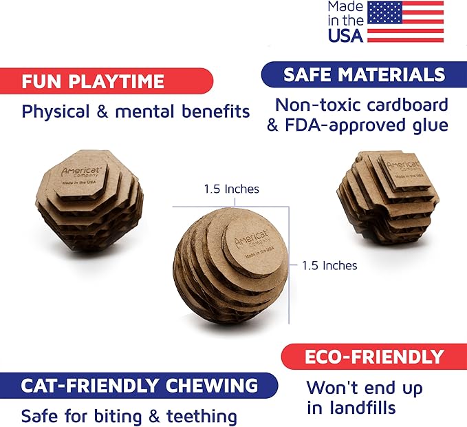 Cat Ball Toys by Americat – Made in USA – Safe Cardboard Cat Toys – for Interactive and Independent Play, Exercise & Stress Relief for All Breeds & Ages (Variety Pack of 3 Balls)