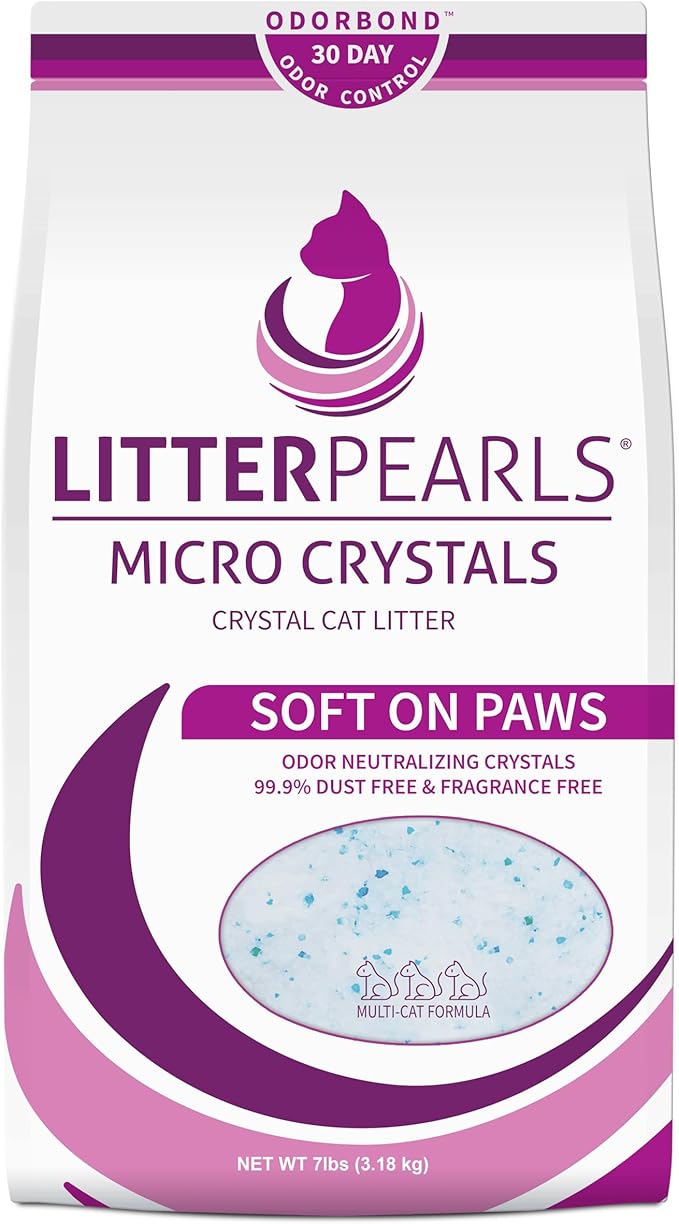 Litter Pearls Micro Crystals Unscented Non-Clumping Crystal Cat Litter with Odorbond, 7 lb, White, Clear and Blue Crystals (LPMC7)