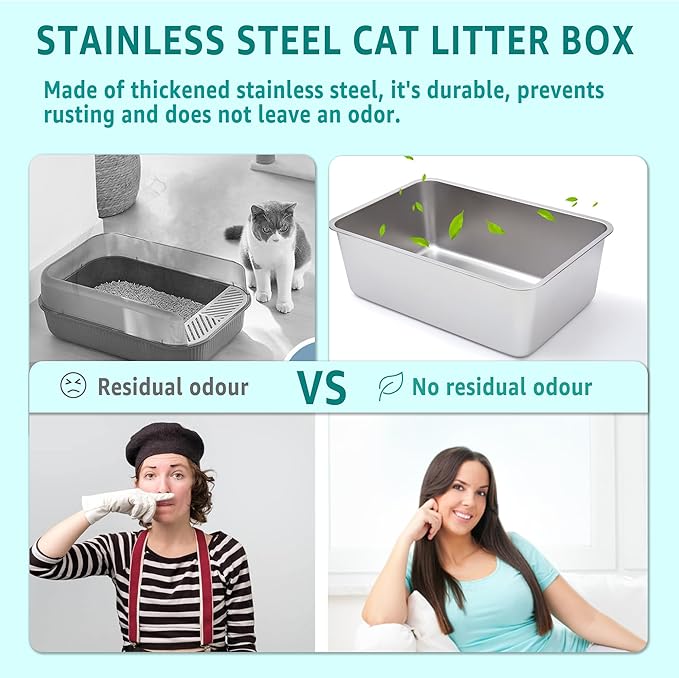 Stainless Steel Litter Box 2 Pack,Metal Litter Box Easy to Clean,Cat Litterbox Supplies for Kitten, Kitty, Rabbit, 6" High Side Cat Litter boxs,Stainless Steel LitterBox, No Smell,Non Stick