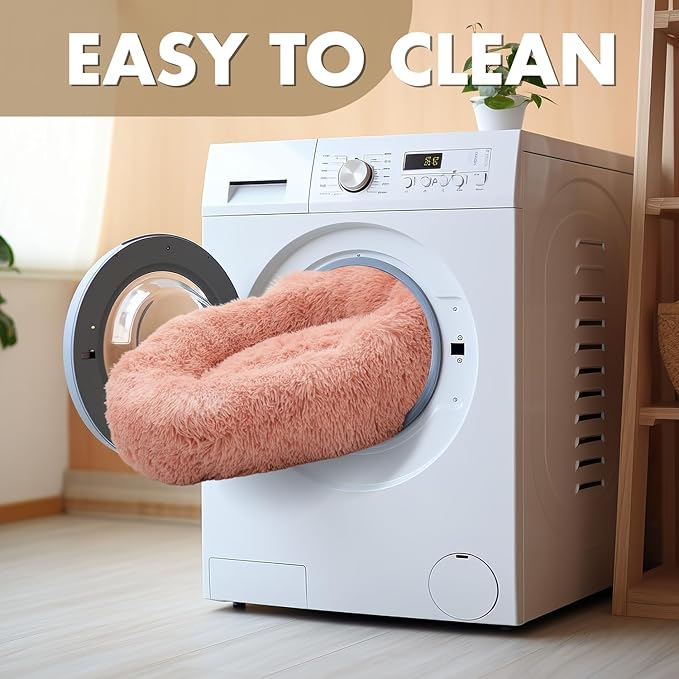 Athena Collection Washable Dog Bed Medium Size Dog, Cat Bed for Indoor Cats, 31 Inches Fluffy Faux Fur Round Pet Bed Calming Cozy Soft Warming Donut for Medium Puppy Kitten, Pink