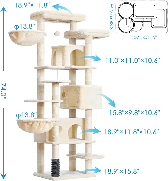 Hey-brother Cat Tree, 74 inches Multi-Level XL Large Cat Tower for Indoor Cats with Three Cat Condos, Two Large Top Decks and Cat Hairbrushfor Kittens, Cats and Pets, Beige MPJ035-MM