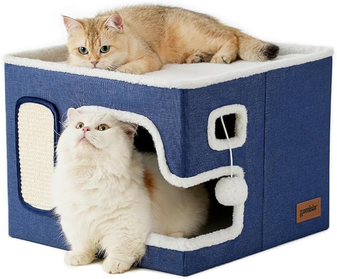 Cat Beds for Indoor Cats - Large Cat House for Pet with Fluffy Ball Hanging and Scratch Pad, Foldable Cat Hideaway,16.5x16.5x13 inches, Navy
