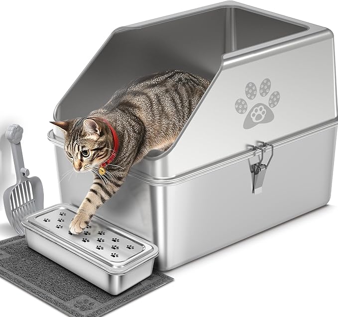 KPWACD Enclosed Stainless Steel Cat Litter Box with Lid, XL Extra Large Non-Stick Metal Litter Pan for Big Cats, High-Sided Kitten Toilet Enclosure, Non-Stick, Anti-Leakage, Easy Cleaning