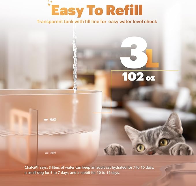 PetTop® Pumpless Cat Water Fountain - 102oz/ 3L - Stainless Steel Tray – 3600mAh Battery Operated with Motion Sensor - The Easiest to Clean