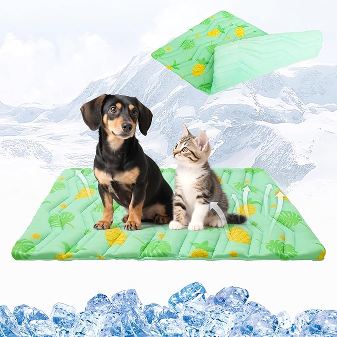KOOLTAIL Dog Cooling Mat, Upgraded Two Sided Cooling Pad for Dogs Cats Puppy, Soft Pet Sleeping Blanket Keep Cool in Summer with Cute Fruit Pattern, Washable Waterproof for Crate Sofa Bed, Green M