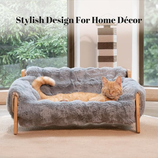 Elevated Cat Couch Bed for Indoor, Wooden Cats Sofa with Washable Fluffy Cover Raised Kitty Lounge Chair Suitable for Puppy(Cat Sofa Grey)