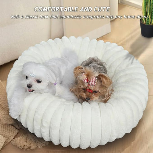 Donut Small Dog Bed Washable - Dog Beds for Small Dogs and Cats with Corduroy Fleece & Anti Slip Bottom, Calming Round Faux Fur Cute Pet Bed for Puppy Kitten, Cream, 23x23x6 inches