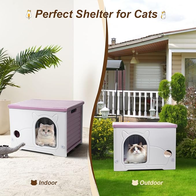 Plastic Cat House for Indoor Outdoor, Weatherproof Outside Cat House for Feral Cat, Stackable Cat Shelter with Plush Cushion (Pink)