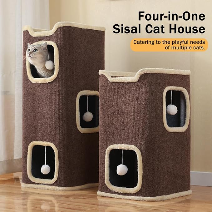 Empet Cat House for Indoor Cats Beds, Multi-Level Cat Condo, Foldable Cat Cave Coffee, 3L