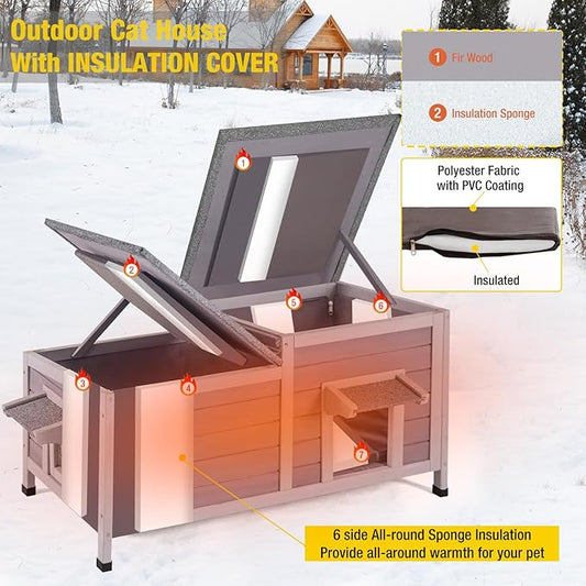 Aivituvin Outdoor Cat House Insulated Feral Cat Shelter Weatherproof for Winter Double Rooms