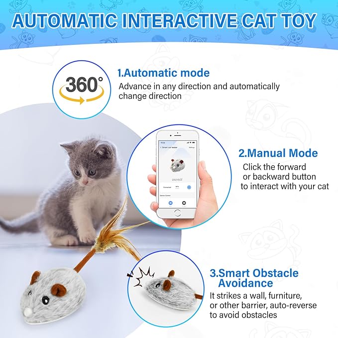 APP & Bluetooth Remote Control Cat Toy - Auto Moving, USB Rechargeable Interactive Mouse Toy for Indoor Cats - Red