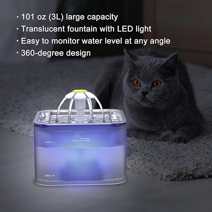 Crystal Cat Water Fountain Stainless Steel with 4 Filters and 4 Sponges, 101oz/3L Pet Fountain with LED Light for Cats and Dogs (Grey)