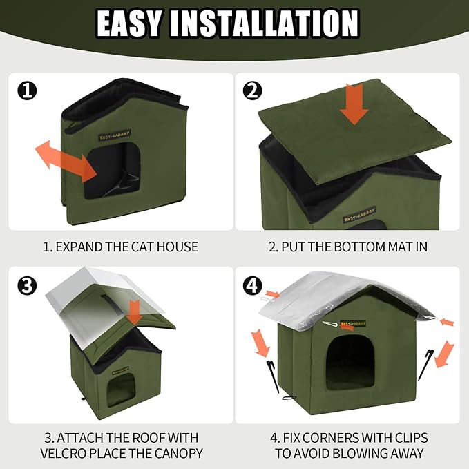 Rest-Eazzzy Cat House for Outdoor Cats, Weatherproof and Insulated Feral Cat House with Mat and Clip, Easy to Put Together, Selfwarming Cat Shelter for Winter(Olive Green, Canopy House X 1)