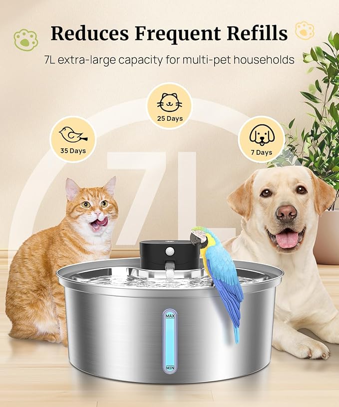 Dog Water Fountain for Large Dogs, 2025 Upgraded Fully Stainless Steel Automatic Dog Water Bowl Dispenser - 3 Work Modes, 6000mAh Battery Operated Dog Water Fountain Cordless - 7L/1.8Gal/236oz