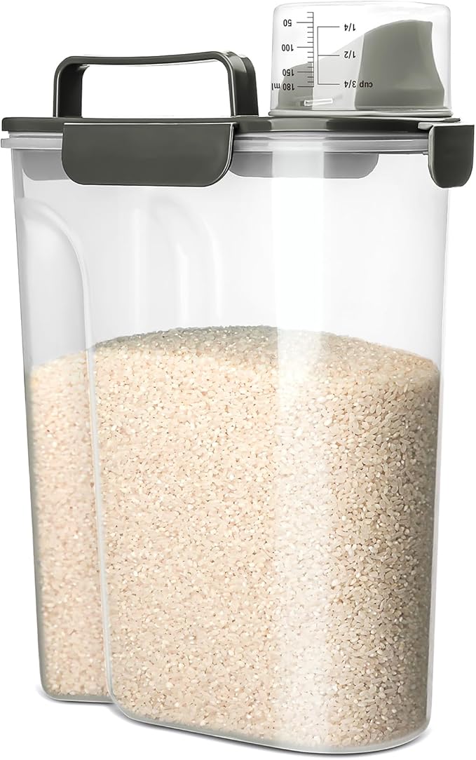 Rice Storage Container, 5 to 10lb Dry Food Airtight Dispenser, Pet Dog Cat Food Canister, BPA Free Clear Plastic Kitchen and Pantry Organization Bin for Oatmeal, Grain, Cereal, Pasta, Flour