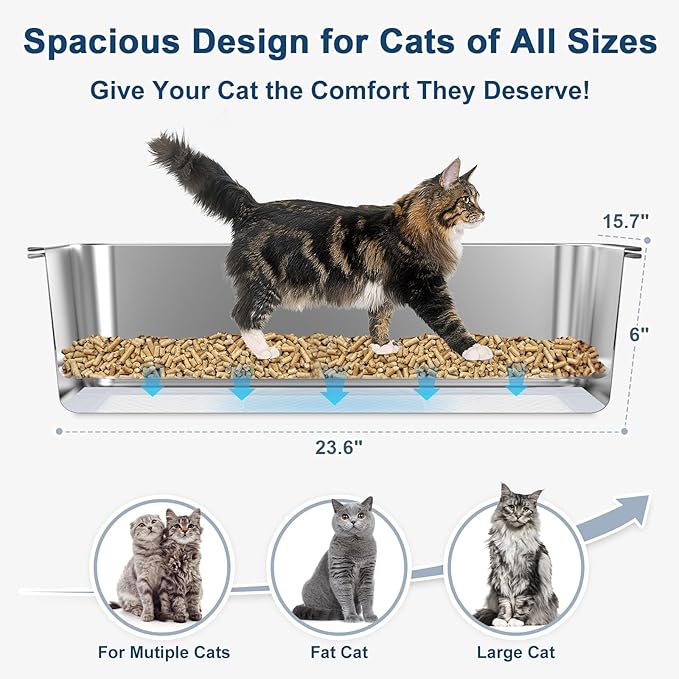 23.6”x15.7”x6” SuzziPaws Stainless Steel Cat Litter Box with Odor Control System, XL Open Top Sifting Litter Box for Big Cats, Includes Pee Pads & Liners, Easy-Clean Metal Litter pan for Pine Pellets