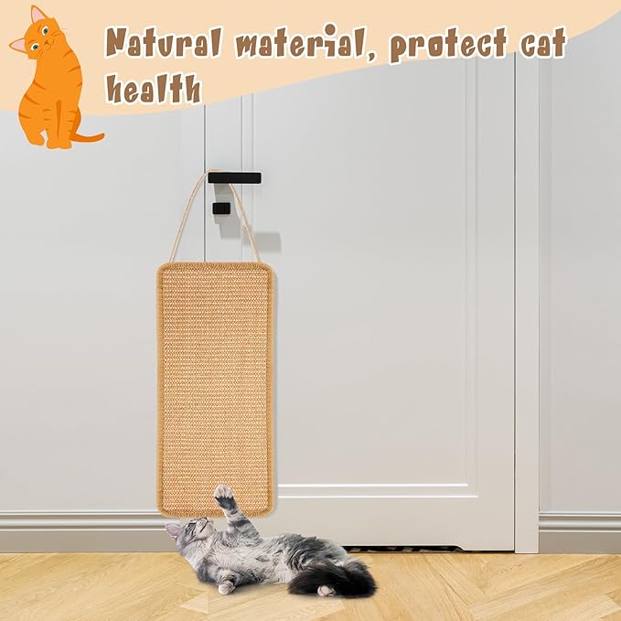 2 Pack Sisal Door Cat Scratching Mat Double Use Hanging Scratcher Wall Floor Mount Natural Cat Scratch Mat Kitty Scratching Pad for Indoor Kitten with Hemp Rope, 7.87 x 19.69(Brown)