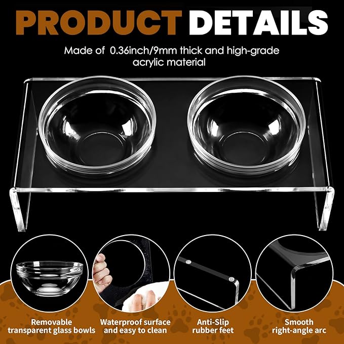 Acrylic Elevated Dog Cat Bowls Pet Feeder Double Bowl Raised Stand Comes with 2 Removable Glass Bowls and 2 Stainless Steel Bowls.Perfect for Medium Dogs, 5.5" Tall