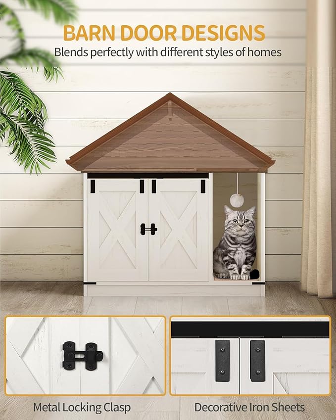 Cat Litter Box Enclosure, Hidden Litter Box Cabinet Furniture with Bell, Indoor Cat House, Farmhouse Style, 31.5 x 19.7 x 20.9Inches, for Hallway, Bedroom, Rustic Brown and White CB82414X