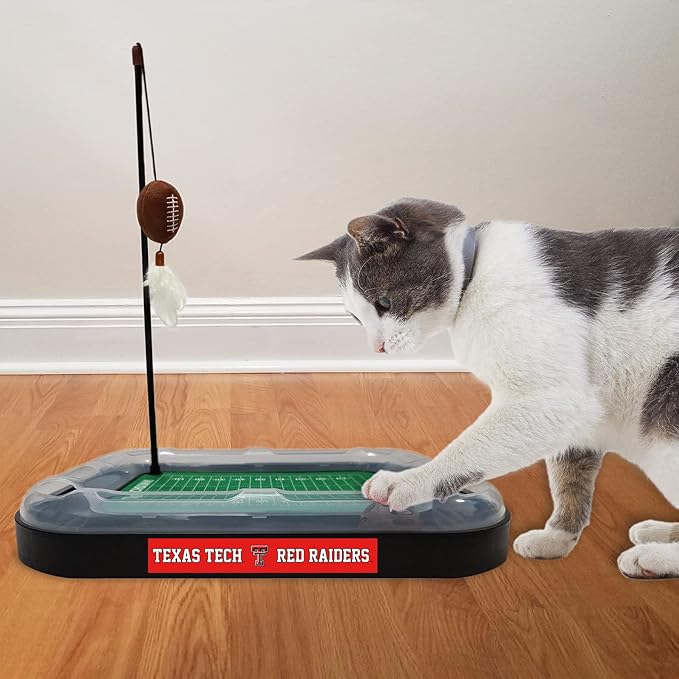 Pets First Cat Scratcher Toy + Interactive Ball Bell in Tracks - 5-in-1 Toy: Wand Poll + Catnip Filled Plush Football & Feathers