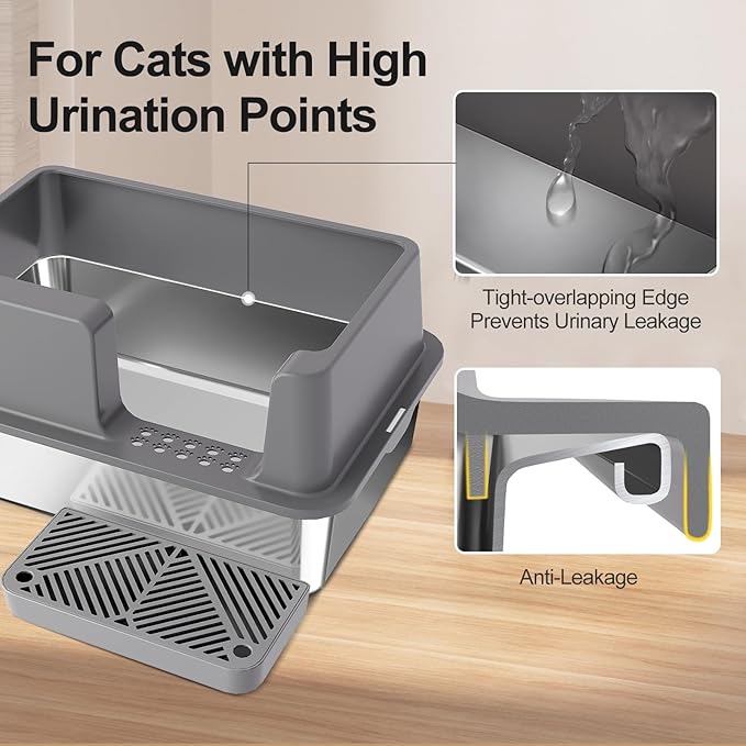 Sousia Stainless Steel Litter Box - Cat Litter Box Enclosure with Lid, High Side Large Cat Litter Tray Easy Cleaning Anti-Leakage with Litter Scoop and High Wall Sides Enclosure for Big Cats