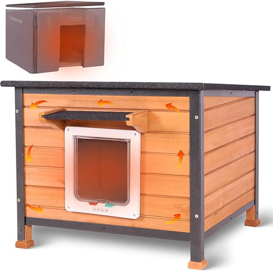 Insulated Cat House Outdoor, Wooden Feral Cat Shelter Weatherproof with Thickened Insulated Liner Keep Warm in Winter for Intdoor Cats, Dogs